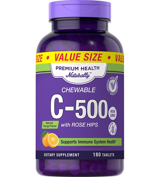 Premium Health Naturally Chewable Vitamin C-500 мг with Rose Hips 180 табл